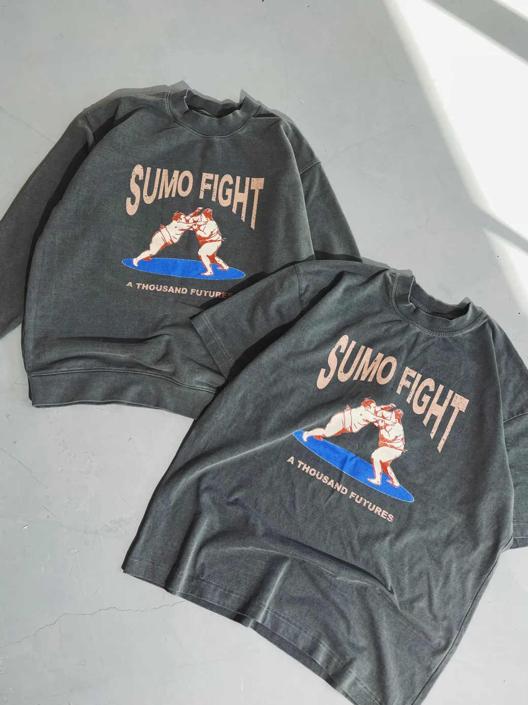 A Thousand Futures 'Sumo Fight' Vintage Washed Sweater - Charcoal