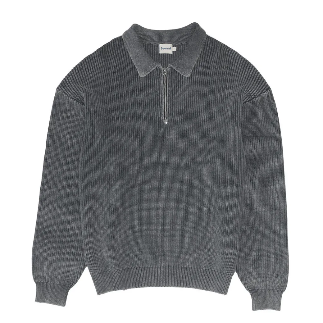 bound Acid Wash Half Zip Knit Pullover - Charcoal