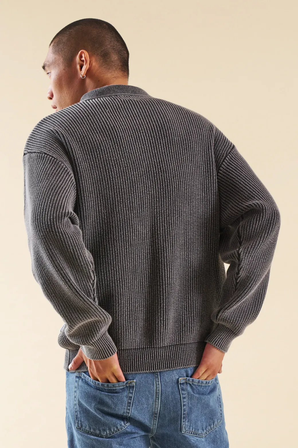 bound Acid Wash Half Zip Knit Pullover - Charcoal