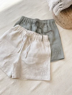 FLWRS Embroidered Linen Shorts - Sage