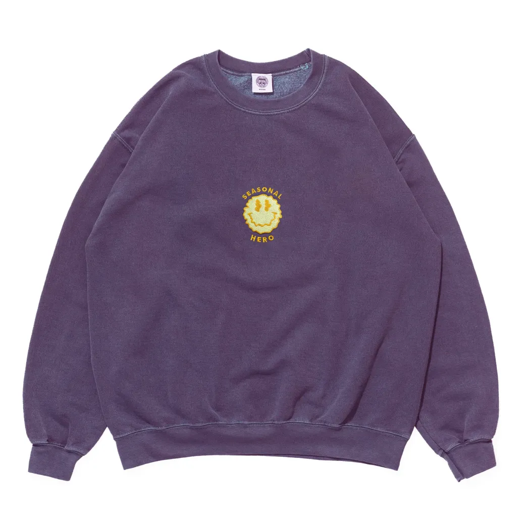 Seasonal Hero 'Trippy Smiler' Embroidered Vintage Washed Sweater - Violet