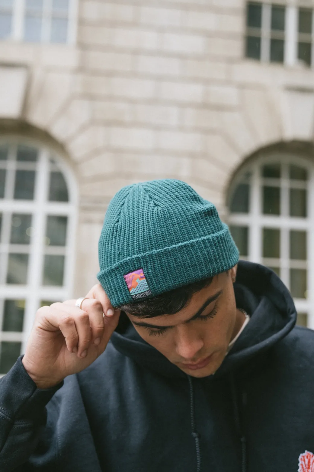 Vice 84 'Runner Patch' Ribbed Fisherman Beanie - Black / Grey / Forest / Light Blue